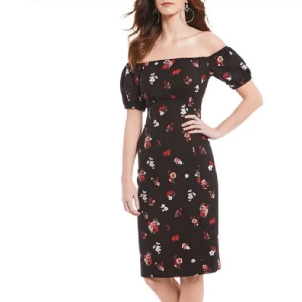 Gianni Bini Stefi Black Floral mid-length dress.  Cap sleeves. Size 10.